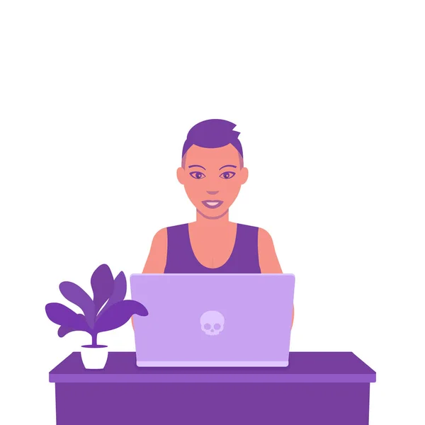 Freelancer trabalhando com laptop, jovem, vetor — Vetor de Stock