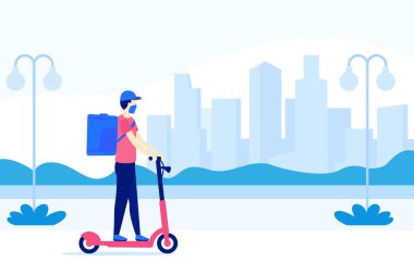 Scooter 'da kurye, yemek dağıtım işçisi.