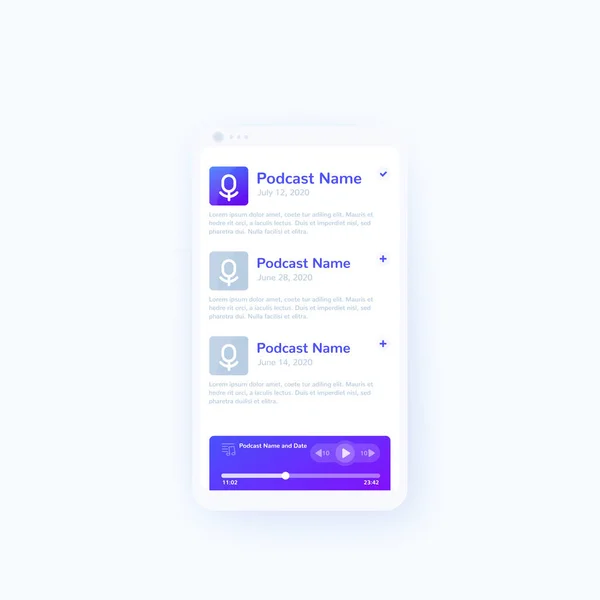 Podcast-App und mobiles UI-Design für Spieler — Stockvektor