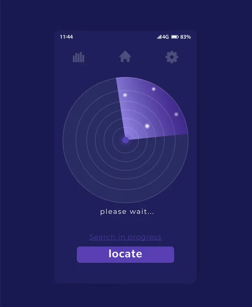 Such-App mit Radar, mobilem UI-Design, Vektor — Stockvektor