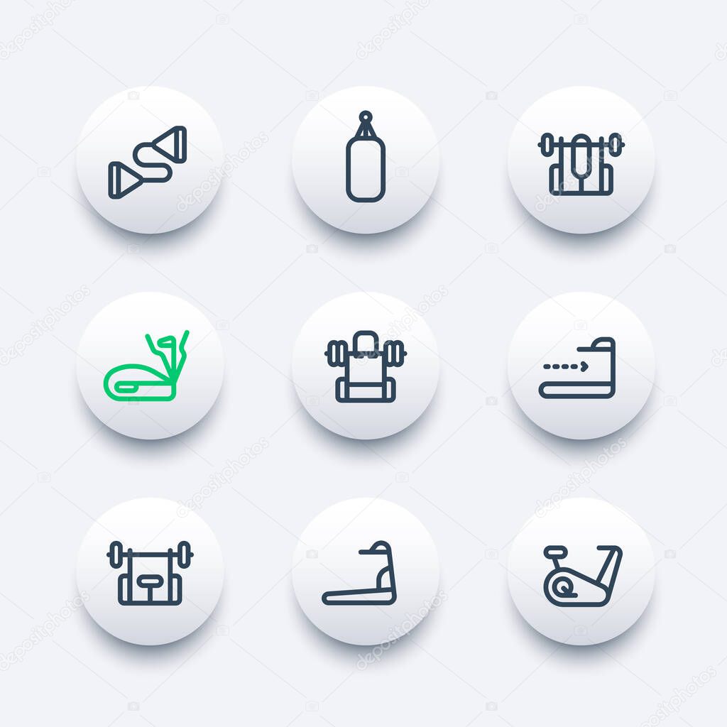 gym training, workout line icons set, vector