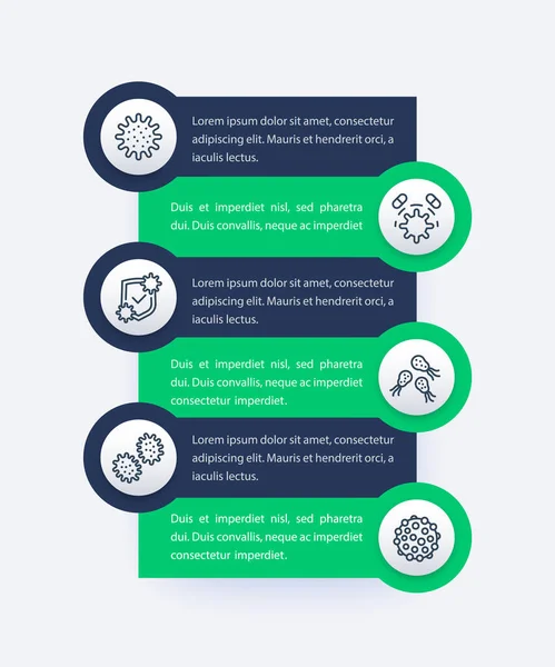 Microbes et infographies de virus avec icônes de ligne — Image vectorielle