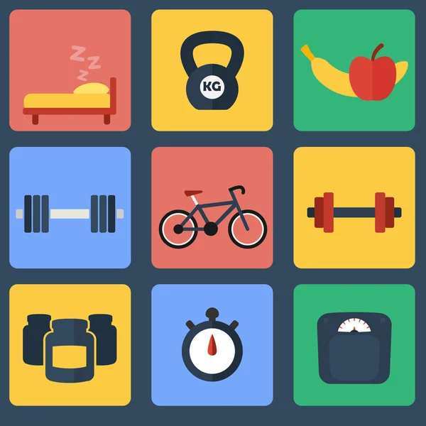 9 fitness color flat icons — ストックベクタ