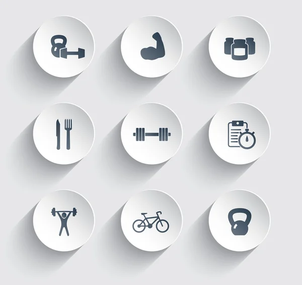 Fitness, health, gym trendy icons on circles with shadow set 2 — Stock vektor