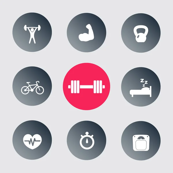 Fitness, health, gym trendy icons on circles — Stock vektor