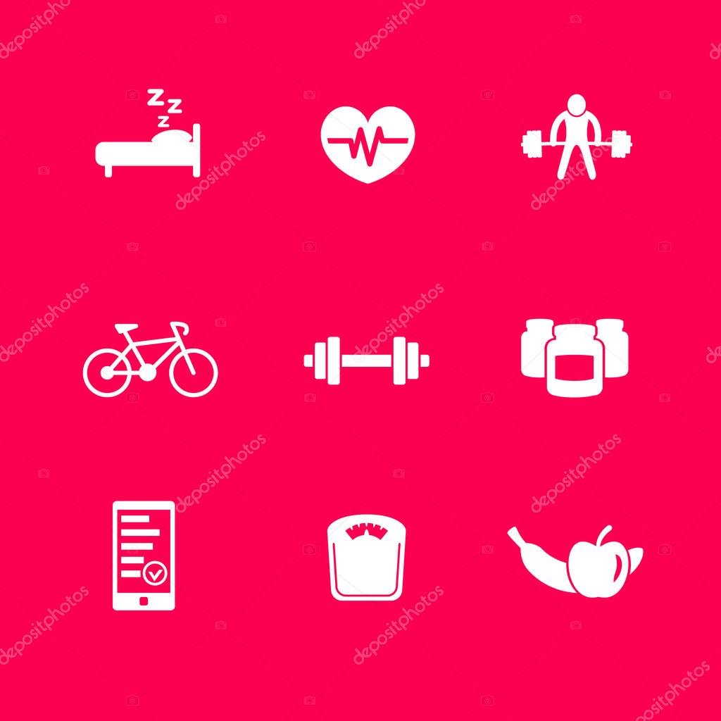 Fitness, health icons set on purple vector illustration, eps10, easy to edit