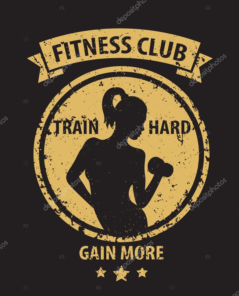 Fitness Club grunge emblem with athletic girl vector illustration, eps10, easy to edit