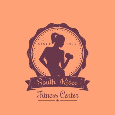 Fitness Merkezi vintage grunge logo, amblem atletik kızla