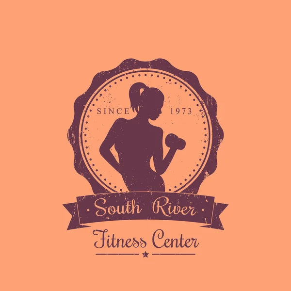 Fitness Center logotipo grunge vintage, emblema com menina atlética — Vetor de Stock