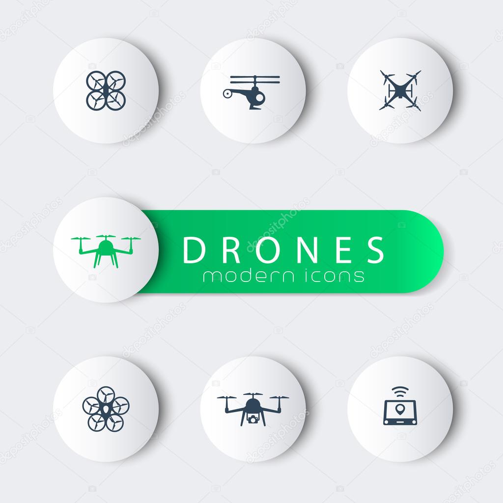 Drones, round modern icons with banner