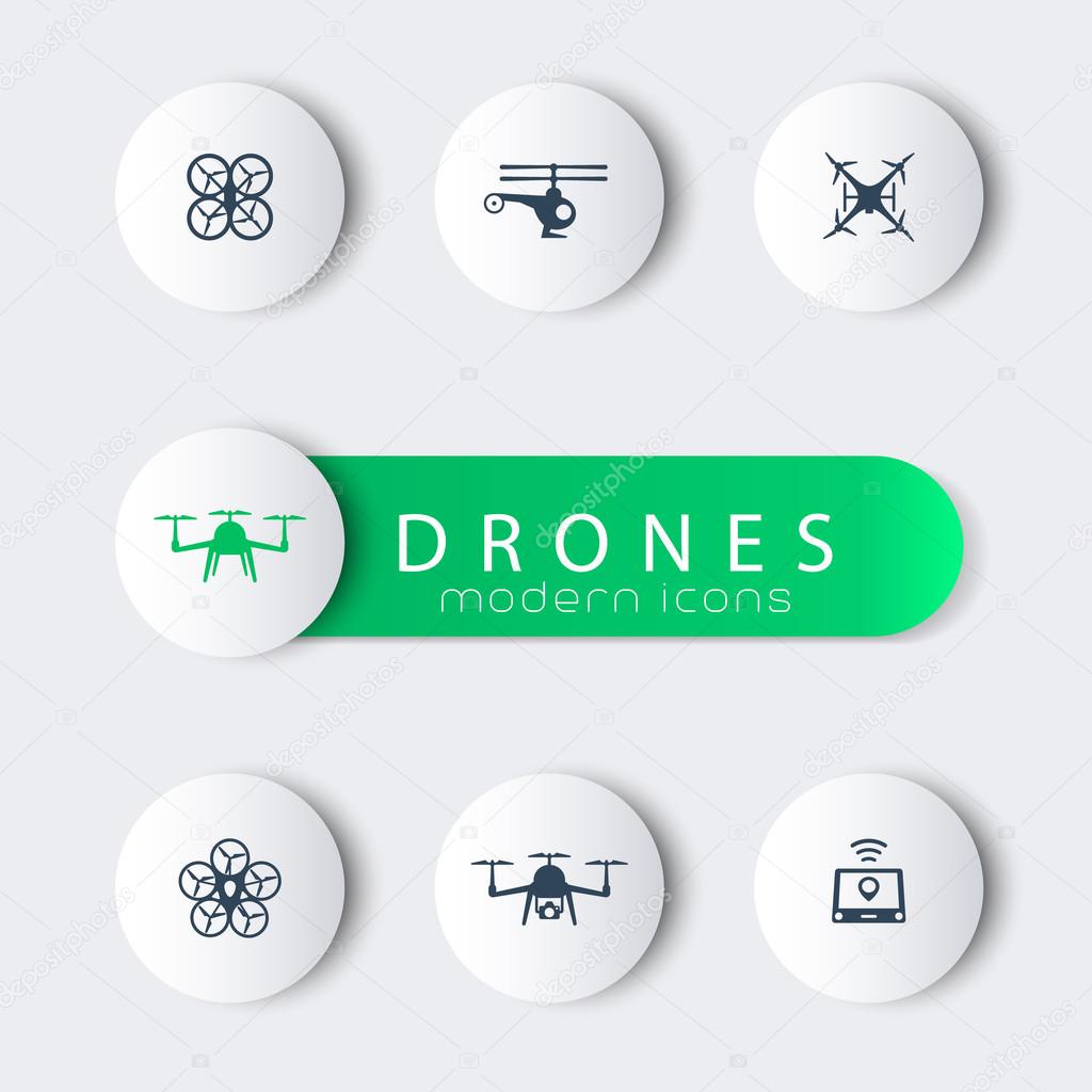 Drones, round modern icons with banner, vector illustration, eps10, easy to edit
