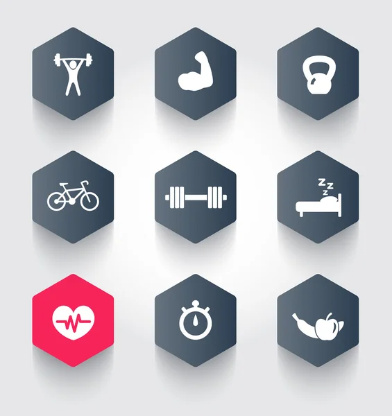 Fitness, salud, gimnasio iconos hexagonales de moda — Archivo Imágenes Vectoriales