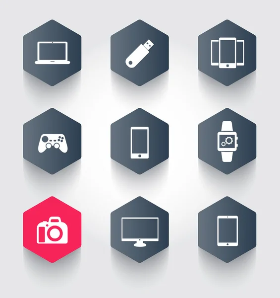 Gadgets iconos hexagonales de moda — Vector de stock