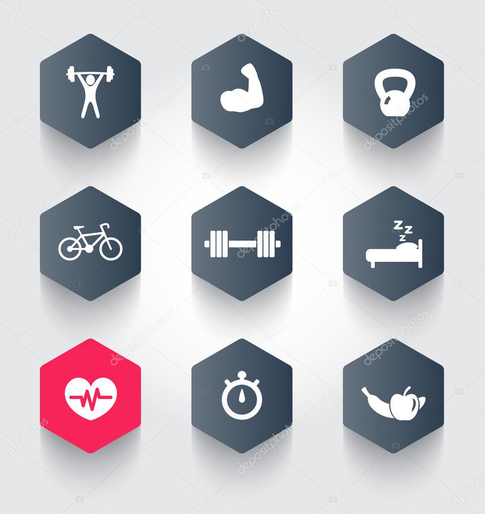 Fitness, health, gym trendy hexagonal icons