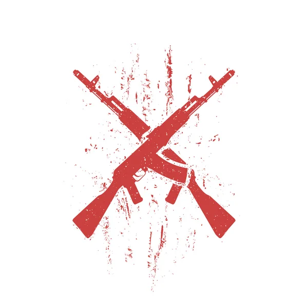 Crossed assault rifles grunge design, isolated in red and white — Stock Vector