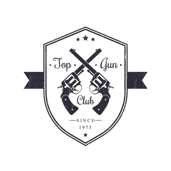Винтажная эмблема клуба "Top Gun Club" с револьверами и гранж-текстурой — стоковый вектор