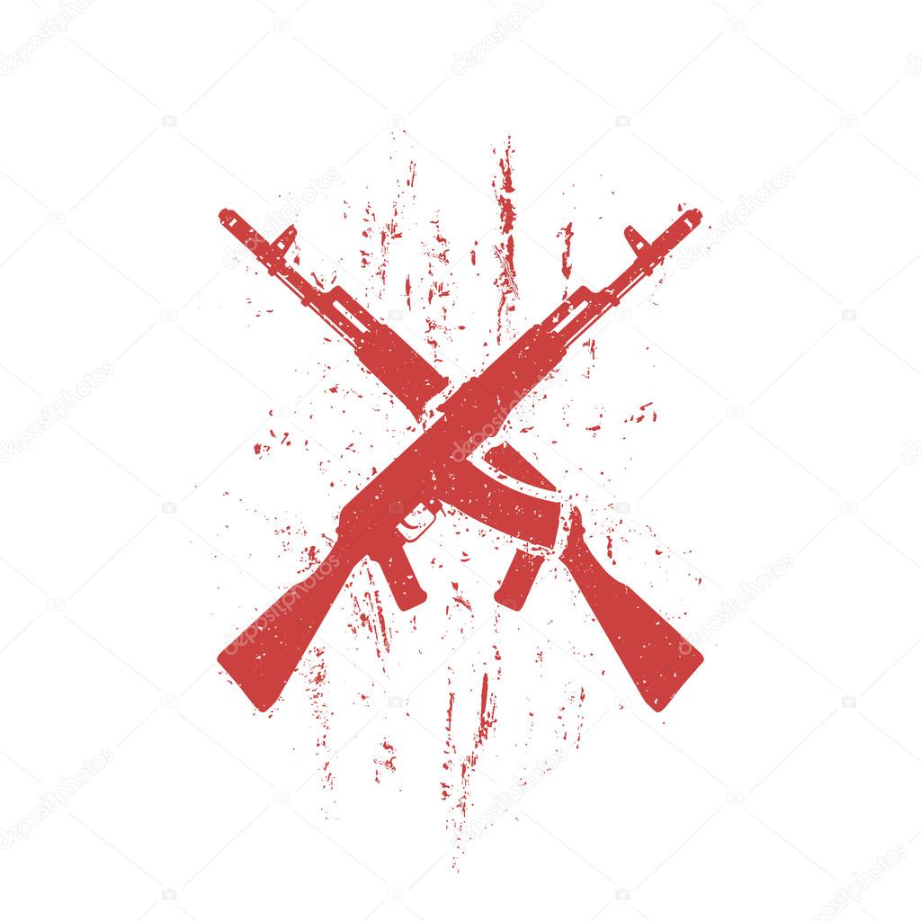 Crossed assault rifles grunge design, isolated in red and white, vector illustration, eps10, easy to edit