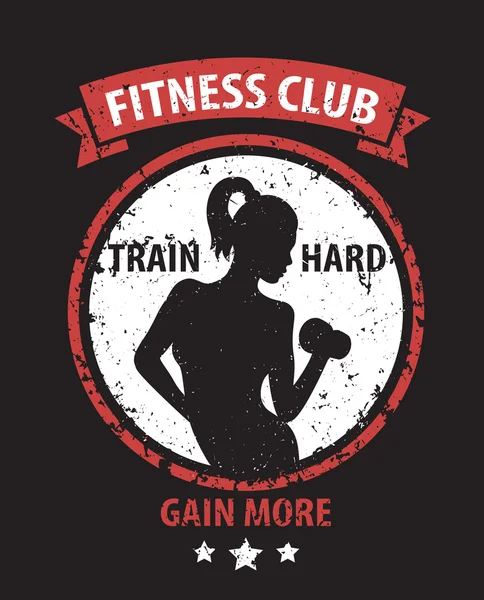 Эмблема гранж-клуба Fitness Club с атлетической девушкой — стоковый вектор