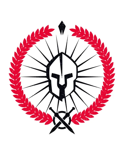 Emblema Grunge con casco spartano, nero e rosso — Vettoriale Stock