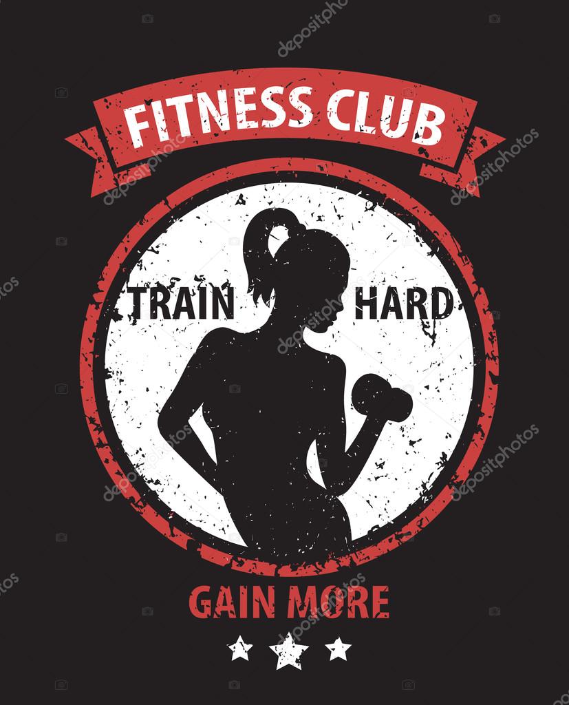 Fitness Club grunge color emblem with athletic girl