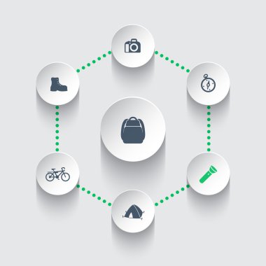 Hiking, Camping, Travel round modern icons