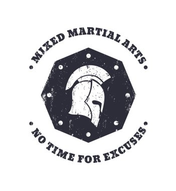 MMA, mixed martial arts grunge vintage octagon emblem with spartan helmet