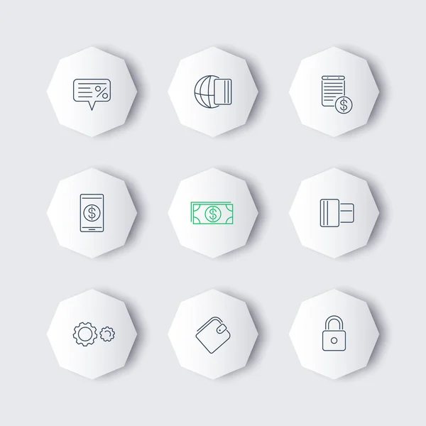 Métodos de pago, tipos línea octágono iconos modernos — Vector de stock