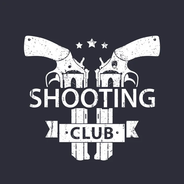 Clube de Tiro, emblema grunge com revólveres modernos cruzados — Vetor de Stock