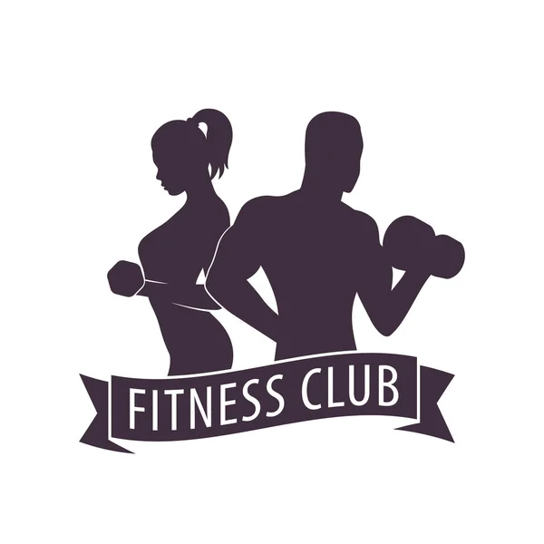 Club de remise en forme Logo avec pose athlète fille et homme, avec ruban — Image vectorielle
