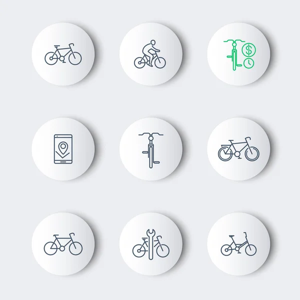 Ciclismo, ciclista, alquiler de bicicletas, servicio de reparación, línea de iconos modernos — Vector de stock