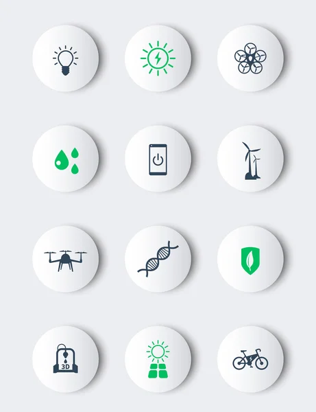 Technologies écologiques modernes vertes, icônes rondes modernes — Image vectorielle