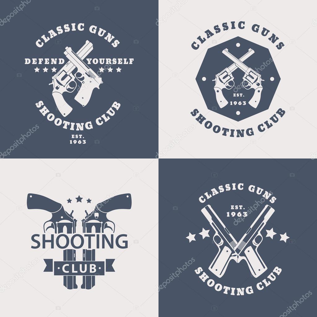 Shooting Club, vintage emblems with crossed modern revolvers, pistols