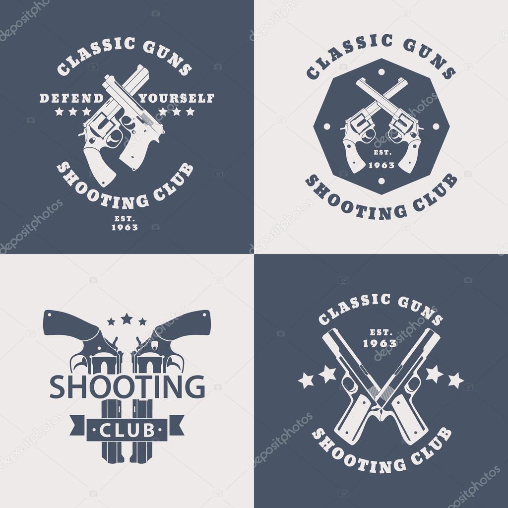 Shooting Club, vintage emblems with crossed modern revolvers, pistols, vector illustration, eps10, easy to edit