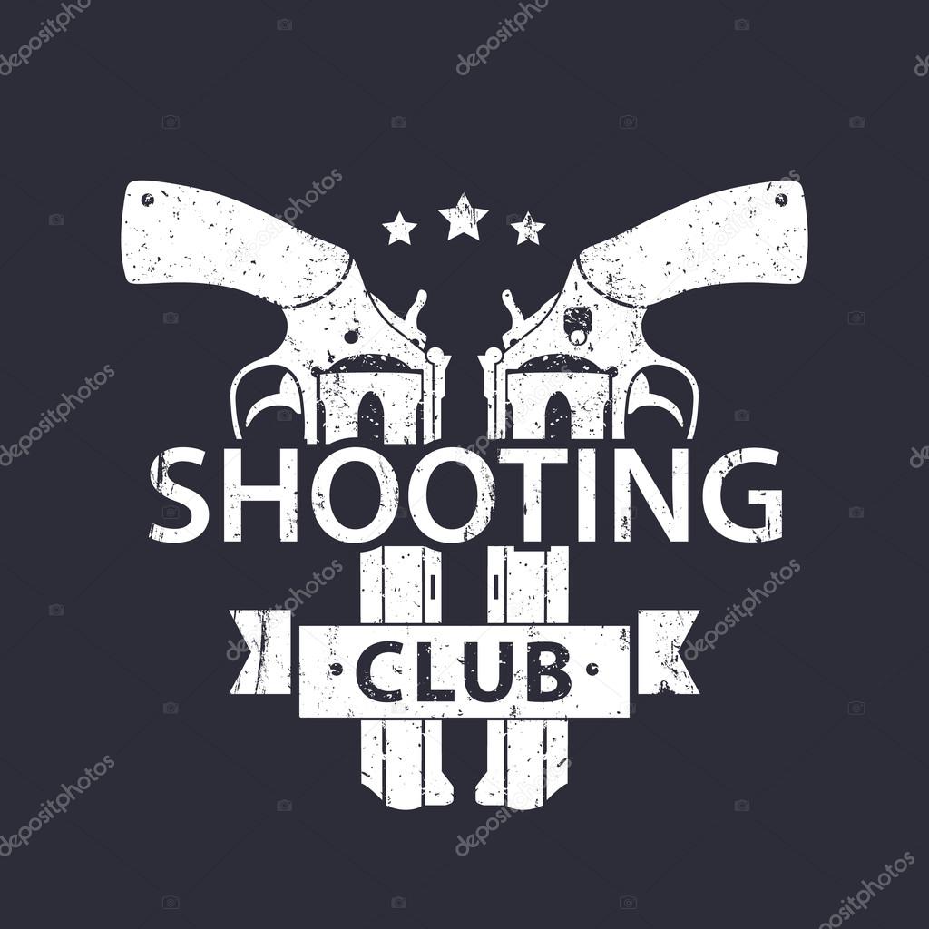 Shooting Club, grunge emblem with crossed modern revolvers, vector illustration, eps10, easy to edit