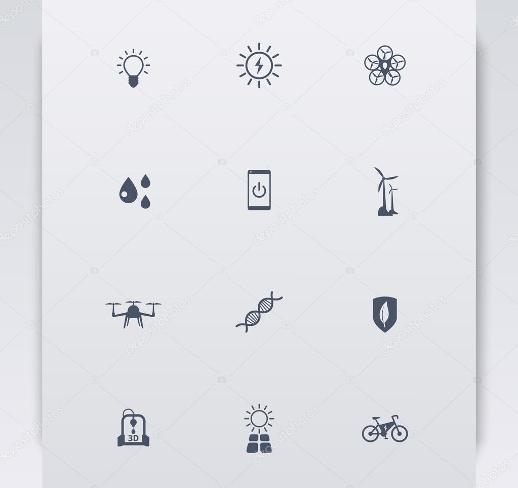 Green ecological modern technologies, blue simple icons