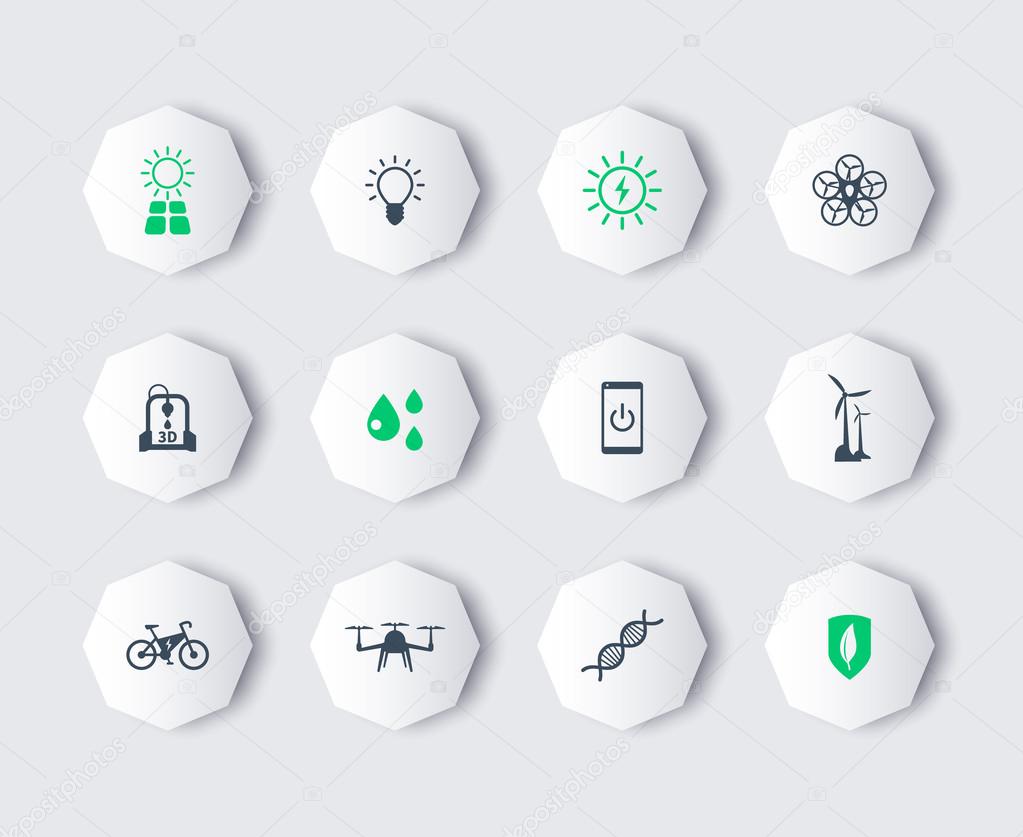 Green ecological modern technologies, modern octagon icons