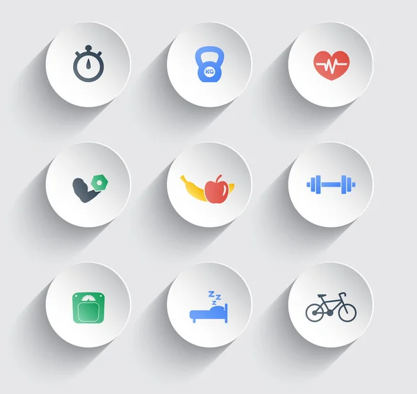 Fitness, hälsa, gym trendiga färgikoner på cirklar med skugga — Stock vektor