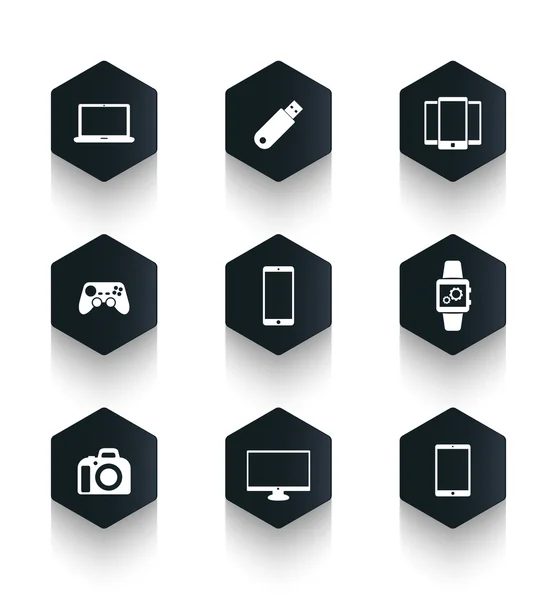 Gadgets de moda iconos hexagonales conjunto oscuro — Vector de stock