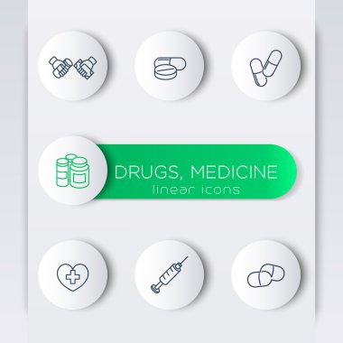 Medicine, drugs, pills, line round modern icons with banner