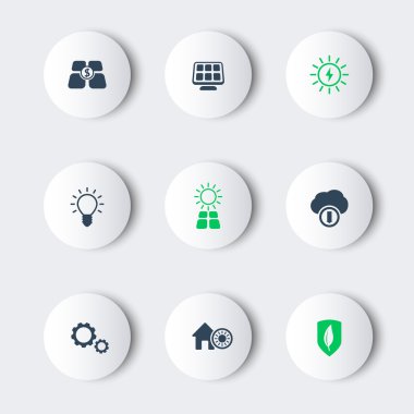 Güneş enerjisi yuvarlak gölge ile modern simgeler