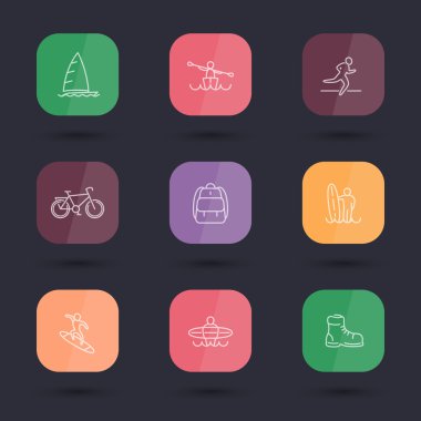 Seyahat, Macera, sörf, çizgi yuvarlak renkli kare simgeleri