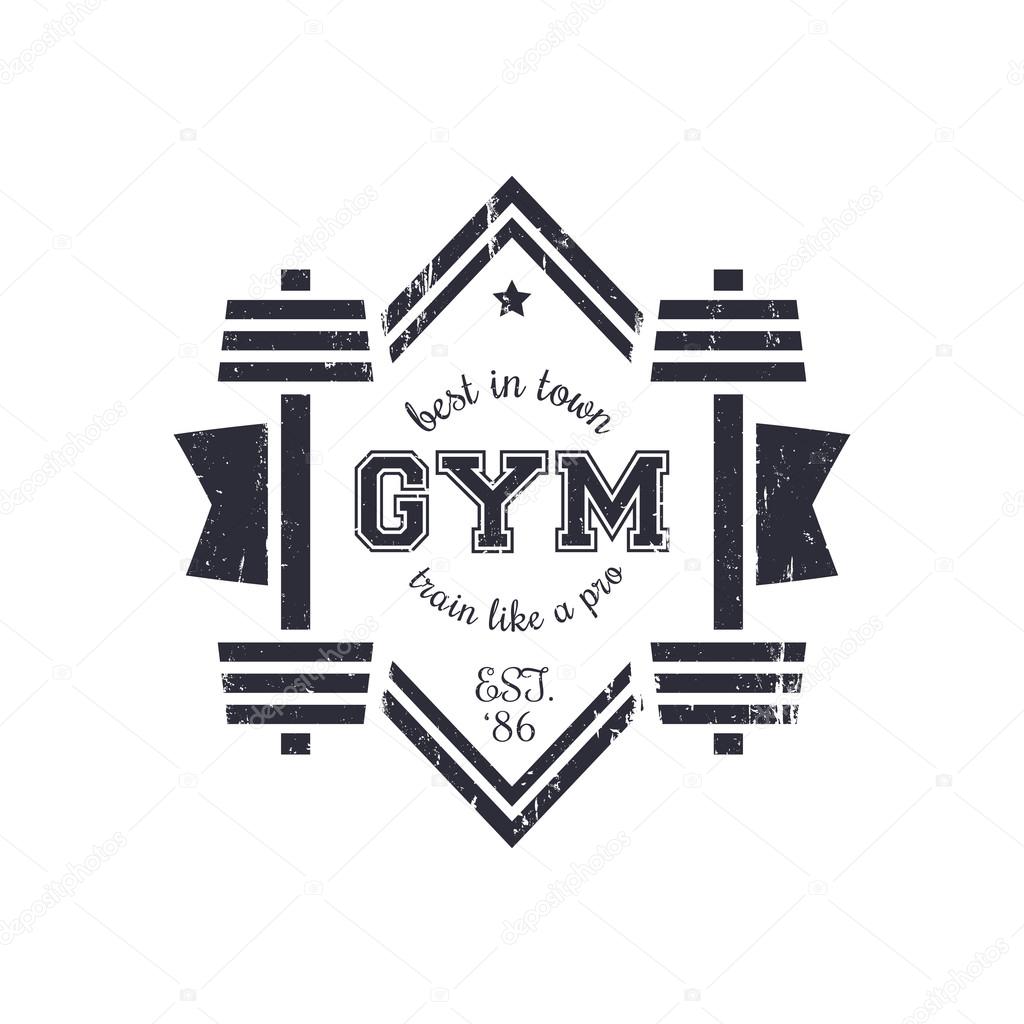 Grunge vintage gym logo with barbells, vector illustration, eps10, easy to edit