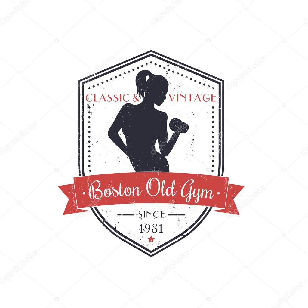 Gym vintage grunge logo, emblem with athletic girl on shield, vector illustration, eps10, easy to edit