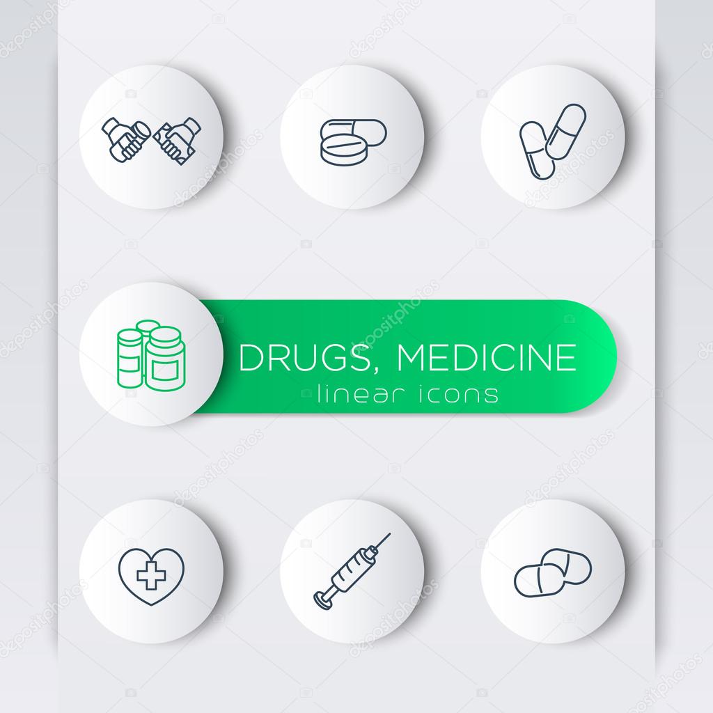 Medicine, drugs, pills, line round modern icons with banner, vector illustration, eps10, easy to edit