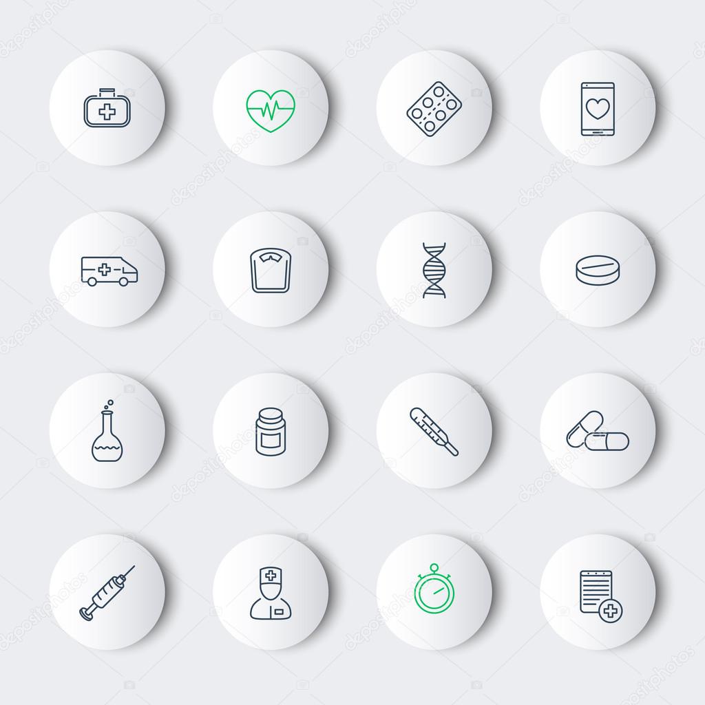 Medicine, health care, pharmaceutics, hospital, line round modern icons