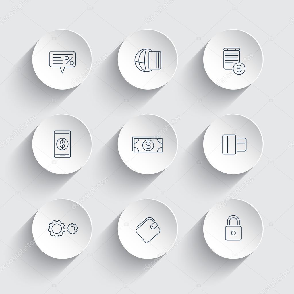Payment methods, types line modern icons on round 3d shapes
