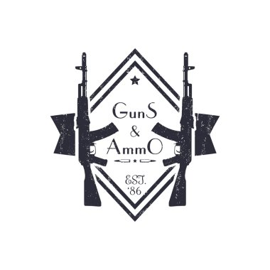 Silah ve cephane, vintage grunge logosu ile otomatik tüfek