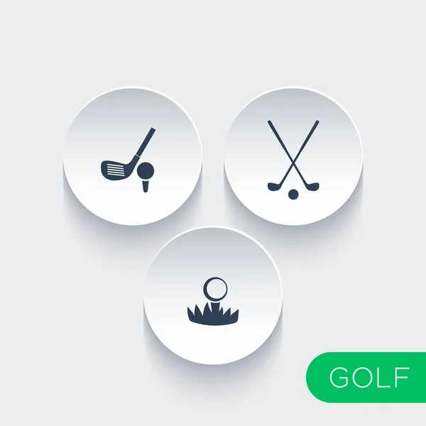 Golf, club de golf, pelota, iconos en formas redondas 3d — Archivo Imágenes Vectoriales