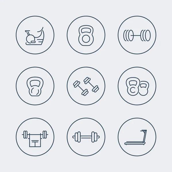 Gym equipment line icons in circles — Stock Vector