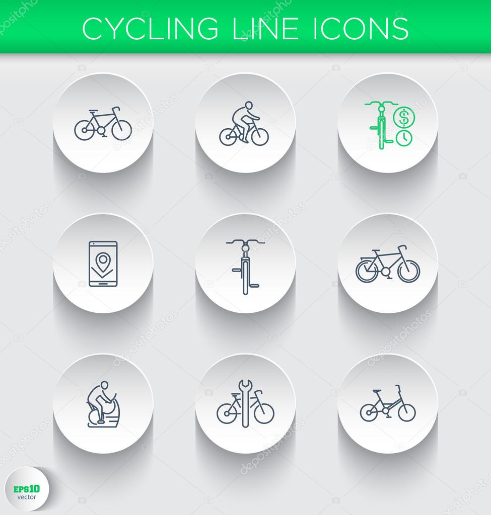 Cycling, cyclist, bike rent, repair service, line icons on round 3d shapes, vector illustration, eps10, easy to edit